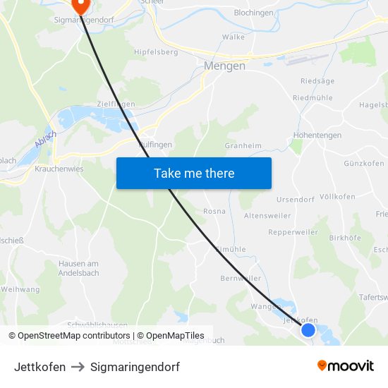 Jettkofen to Sigmaringendorf map