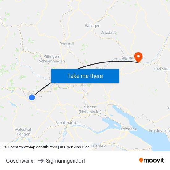 Göschweiler to Sigmaringendorf map