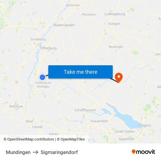 Mundingen to Sigmaringendorf map