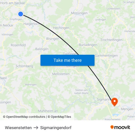 Wiesenstetten to Sigmaringendorf map