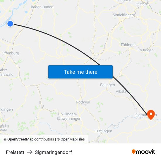 Freistett to Sigmaringendorf map