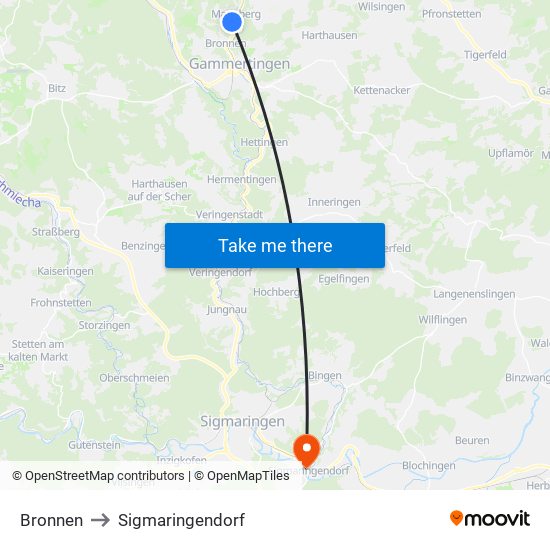 Bronnen to Sigmaringendorf map