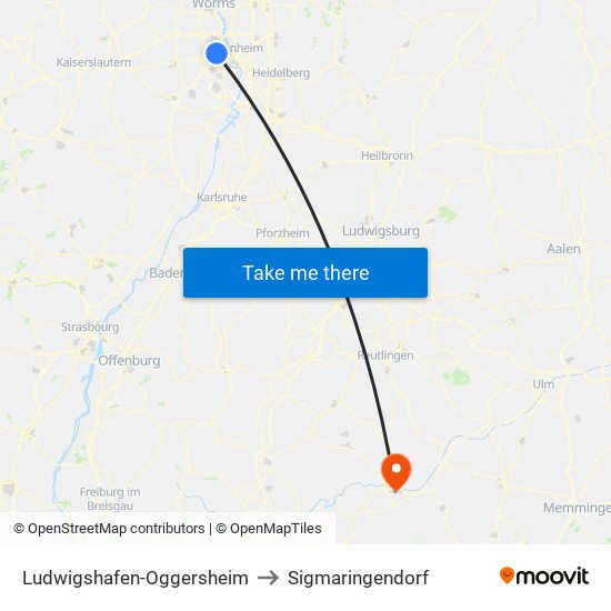 Ludwigshafen-Oggersheim to Sigmaringendorf map