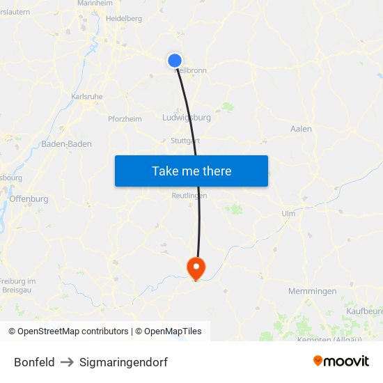 Bonfeld to Sigmaringendorf map