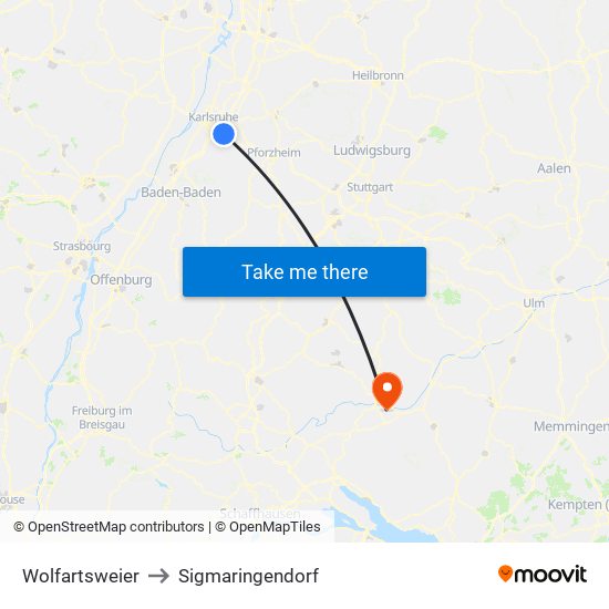 Wolfartsweier to Sigmaringendorf map