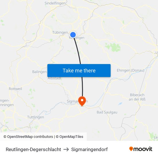 Reutlingen-Degerschlacht to Sigmaringendorf map