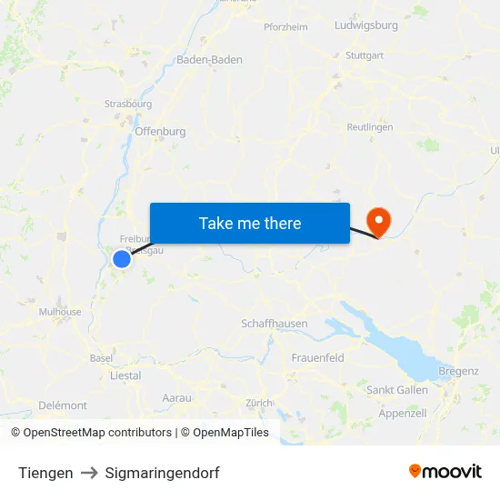 Tiengen to Sigmaringendorf map
