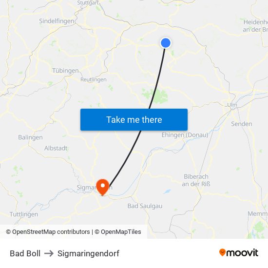 Bad Boll to Sigmaringendorf map