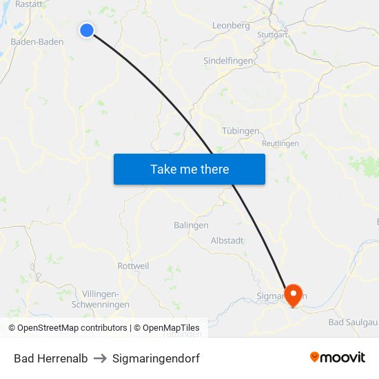 Bad Herrenalb to Sigmaringendorf map