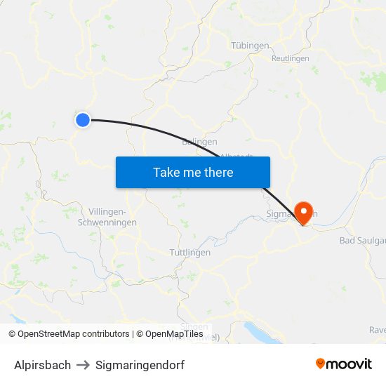 Alpirsbach to Sigmaringendorf map