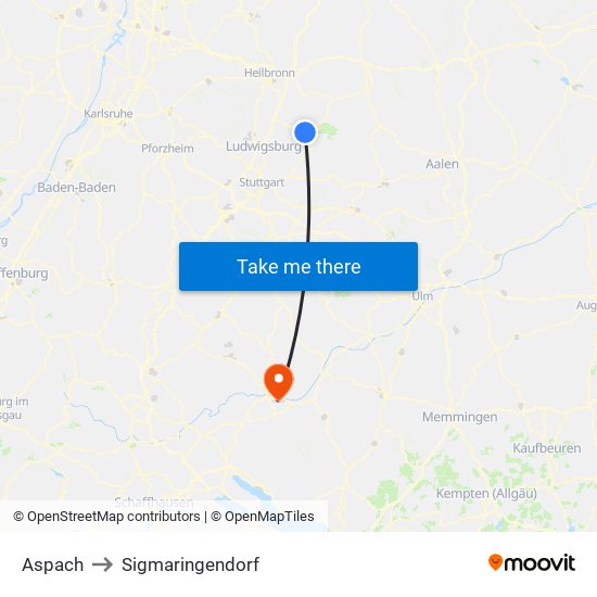 Aspach to Sigmaringendorf map