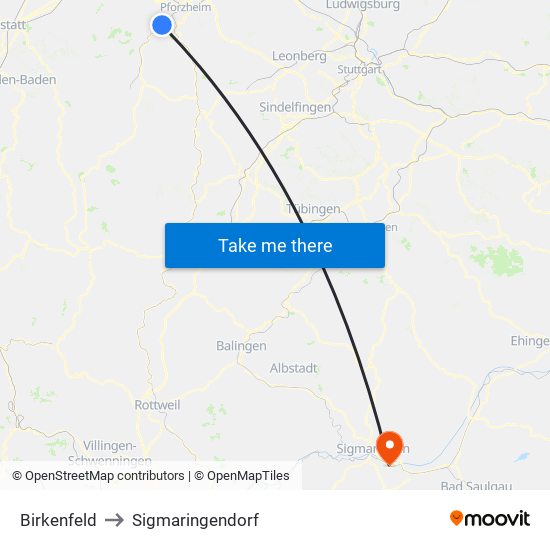 Birkenfeld to Sigmaringendorf map