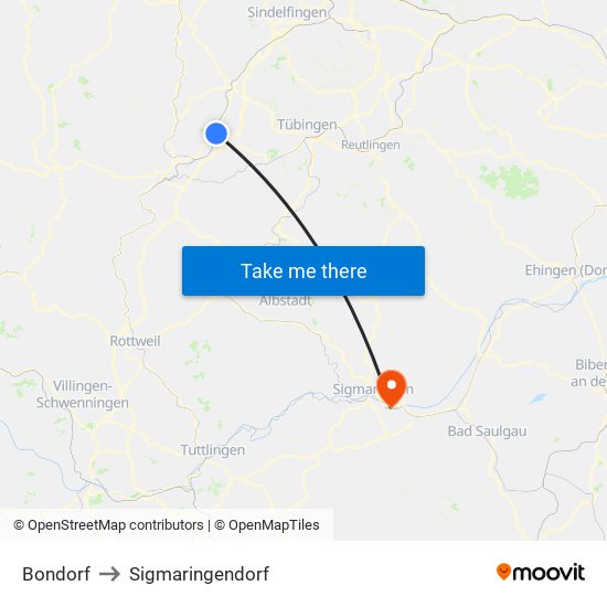 Bondorf to Sigmaringendorf map