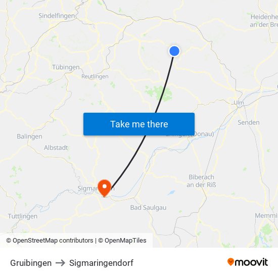 Gruibingen to Sigmaringendorf map