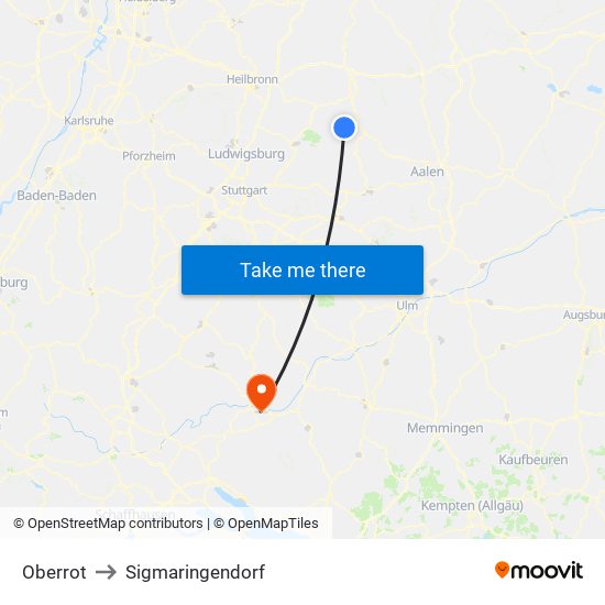 Oberrot to Sigmaringendorf map
