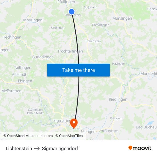 Lichtenstein to Sigmaringendorf map