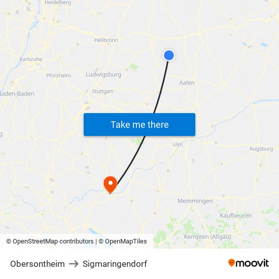 Obersontheim to Sigmaringendorf map