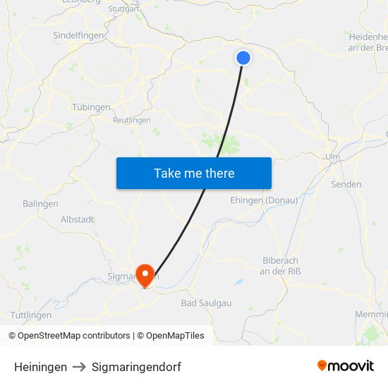 Heiningen to Sigmaringendorf map