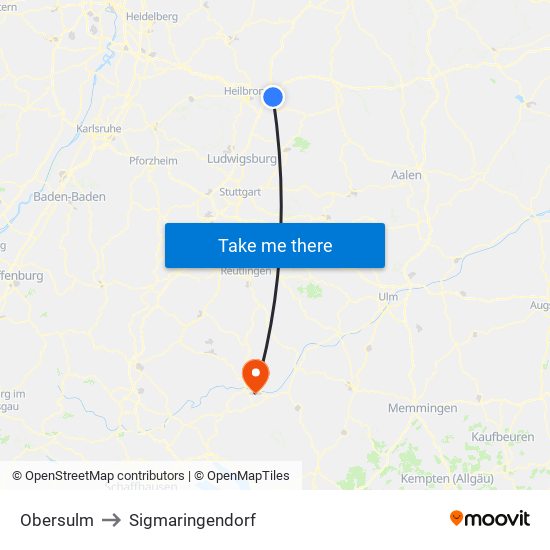 Obersulm to Sigmaringendorf map
