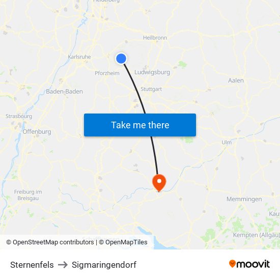 Sternenfels to Sigmaringendorf map