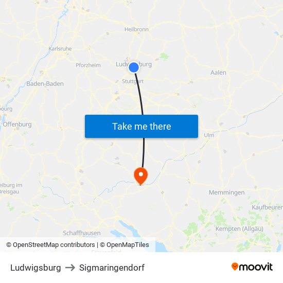 Ludwigsburg to Sigmaringendorf map