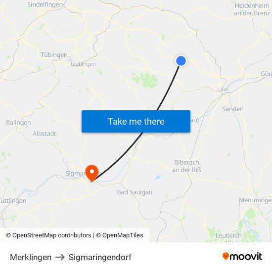 Merklingen to Sigmaringendorf map