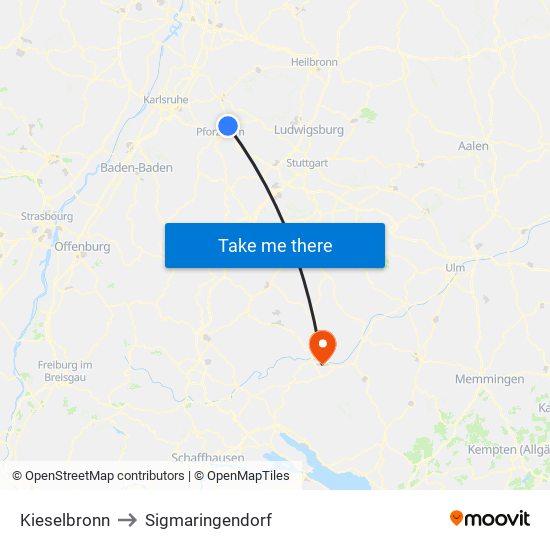 Kieselbronn to Sigmaringendorf map