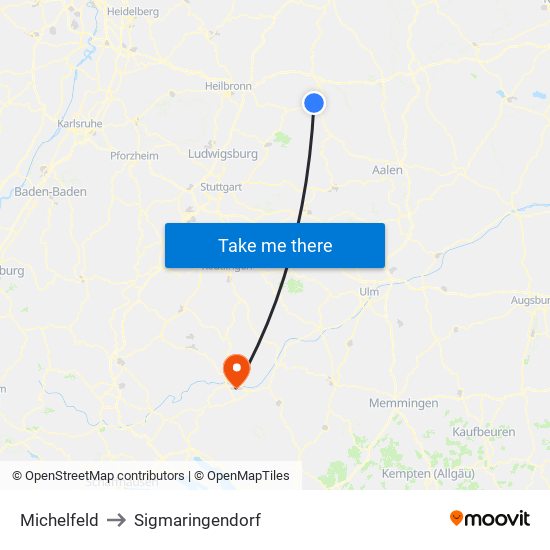 Michelfeld to Sigmaringendorf map