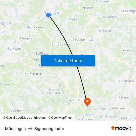 Mössingen to Sigmaringendorf map