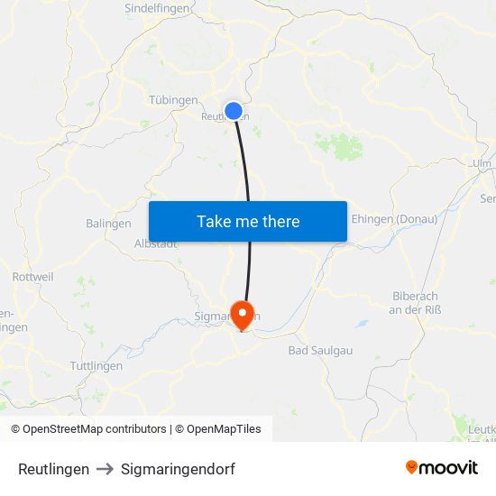 Reutlingen to Sigmaringendorf map