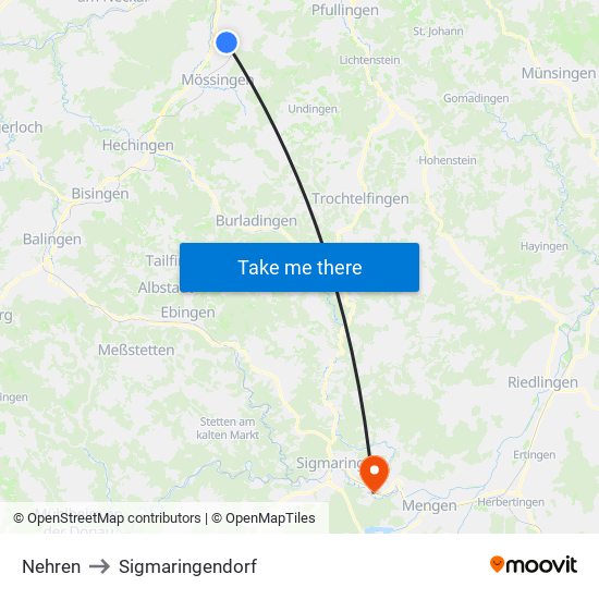 Nehren to Sigmaringendorf map