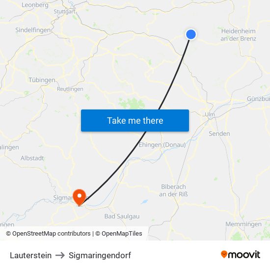 Lauterstein to Sigmaringendorf map