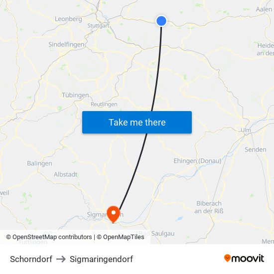 Schorndorf to Sigmaringendorf map