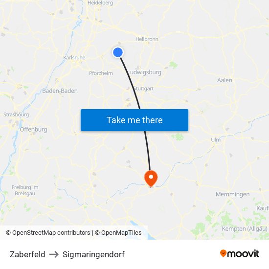 Zaberfeld to Sigmaringendorf map