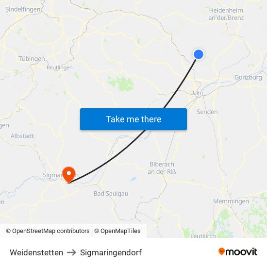 Weidenstetten to Sigmaringendorf map