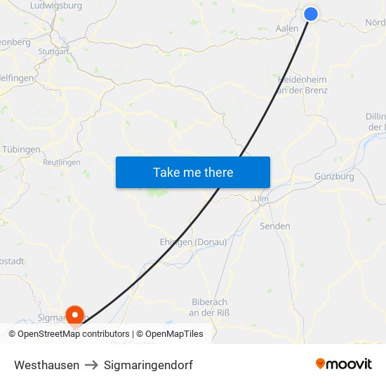 Westhausen to Sigmaringendorf map