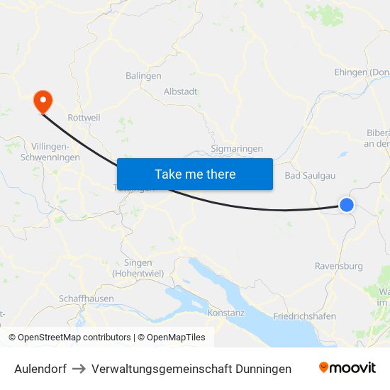 Aulendorf to Verwaltungsgemeinschaft Dunningen map