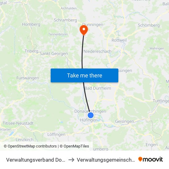 Verwaltungsverband Donaueschingen to Verwaltungsgemeinschaft Dunningen map