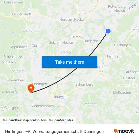 Hirrlingen to Verwaltungsgemeinschaft Dunningen map