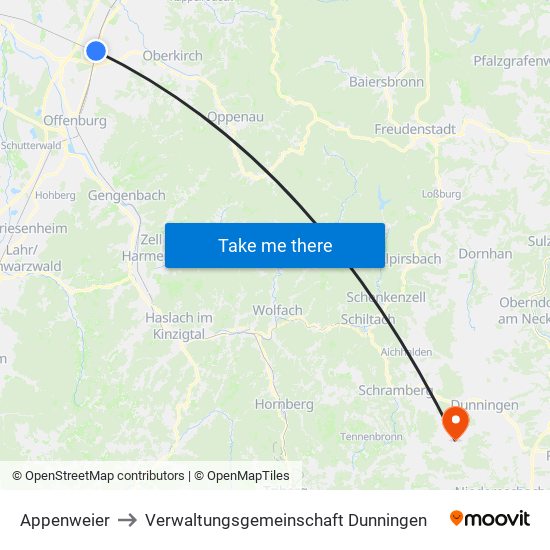 Appenweier to Verwaltungsgemeinschaft Dunningen map