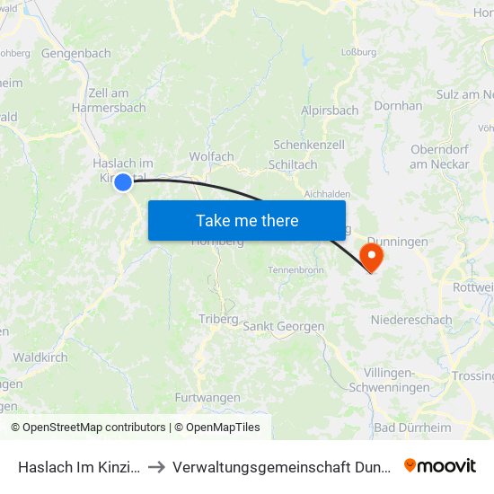 Haslach Im Kinzigtal to Verwaltungsgemeinschaft Dunningen map