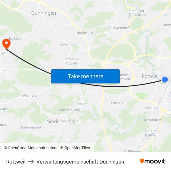 Rottweil to Verwaltungsgemeinschaft Dunningen map