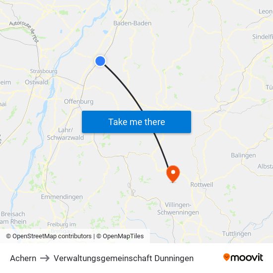 Achern to Verwaltungsgemeinschaft Dunningen map