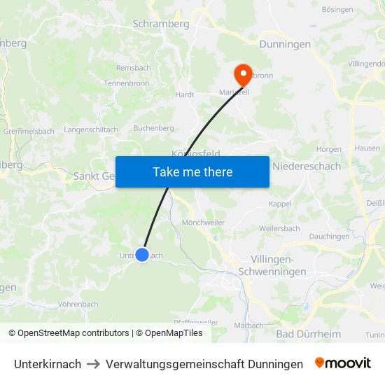 Unterkirnach to Verwaltungsgemeinschaft Dunningen map