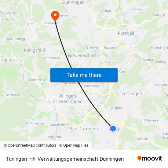 Tuningen to Verwaltungsgemeinschaft Dunningen map