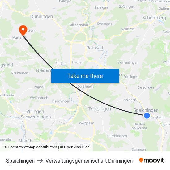 Spaichingen to Verwaltungsgemeinschaft Dunningen map