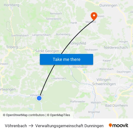 Vöhrenbach to Verwaltungsgemeinschaft Dunningen map