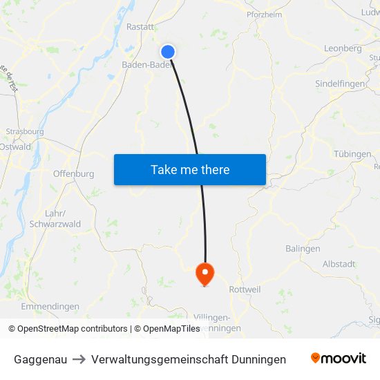 Gaggenau to Verwaltungsgemeinschaft Dunningen map