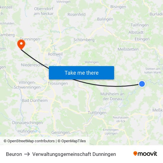 Beuron to Verwaltungsgemeinschaft Dunningen map