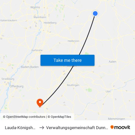 Lauda-Königshofen to Verwaltungsgemeinschaft Dunningen map